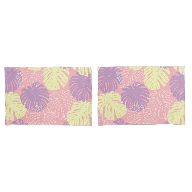 Tropical Pastel Pink Yellow Monstera Jungle Leaves Pillowcase (Front-Set)