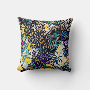 Tropical patchwork leaf and leaves pattern backgro throw pillow