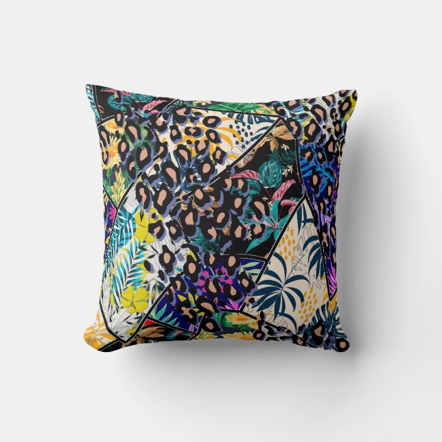 Tropical patchwork leaf and leaves pattern backgro throw pillow (Front)