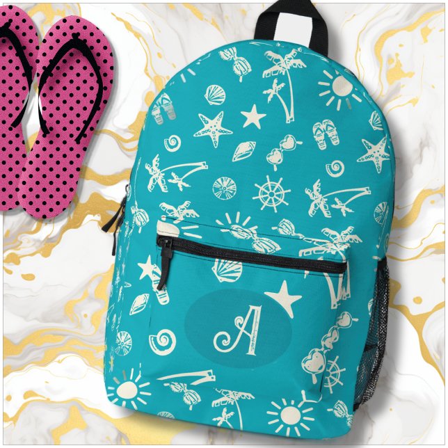 Tropical Pattern Aqua Blue Monogram Backpack (Creator Uploaded)