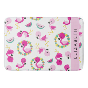 Tropical Pattern, Flamingos, Flowers, Your Name Bath Mat