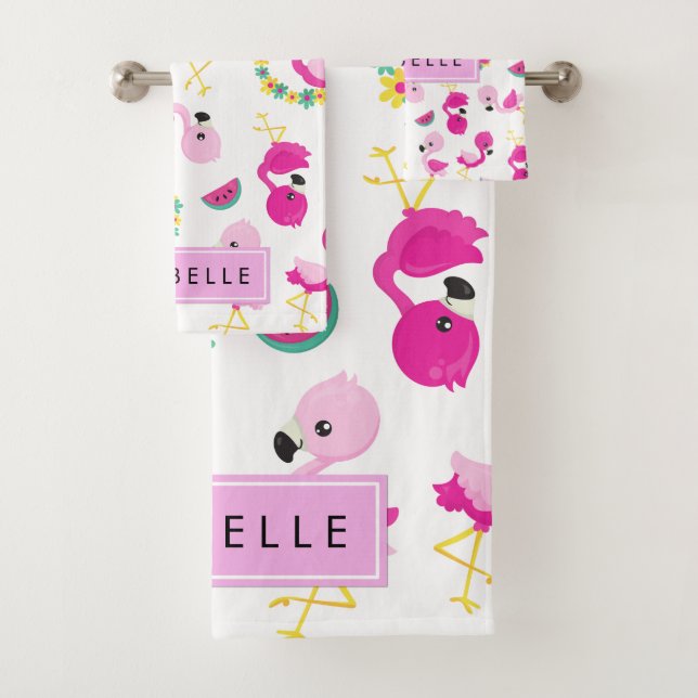 Tropical Pattern, Flamingos, Flowers, Your Name Bath Towel Set (Insitu)