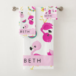 Tropical Pattern, Flamingos, Flowers, Your Name Bath Towel Set