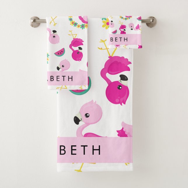 Tropical Pattern, Flamingos, Flowers, Your Name Bath Towel Set (Insitu)