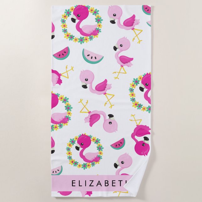 Tropical Pattern, Flamingos, Flowers, Your Name Beach Towel (Front)