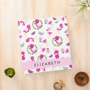 Tropical Pattern, Flamingos, Flowers, Your Name Binder