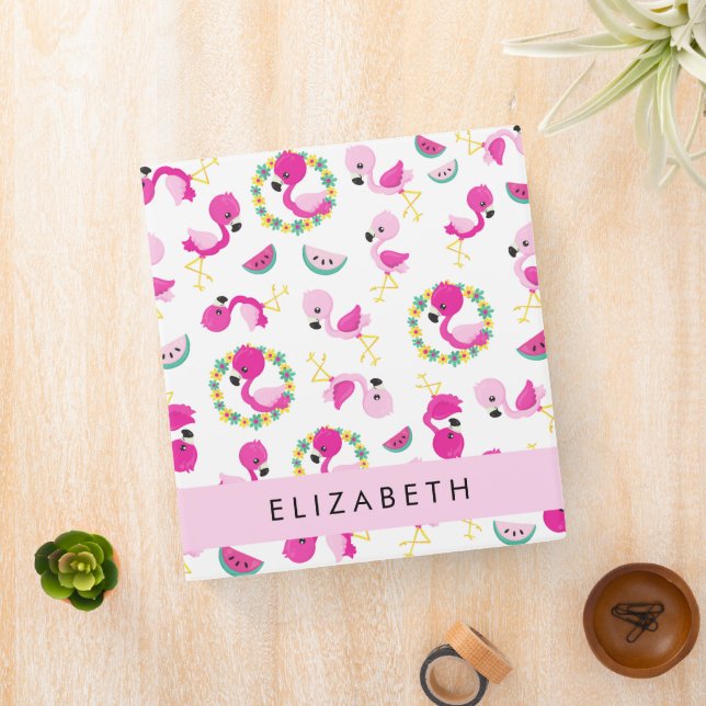 Tropical Pattern, Flamingos, Flowers, Your Name Binder (In Situ)