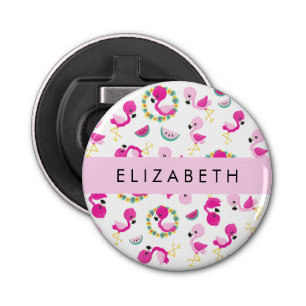 Tropical Pattern, Flamingos, Flowers, Your Name Bottle Opener