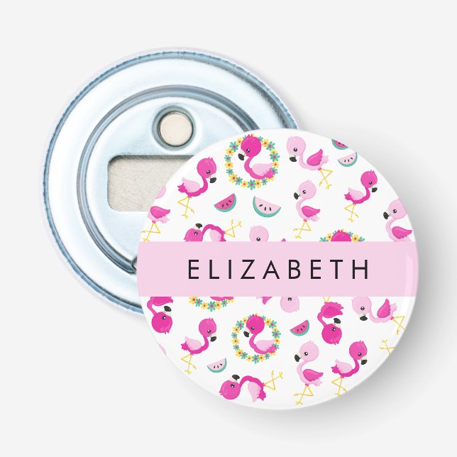 Tropical Pattern, Flamingos, Flowers, Your Name Bottle Opener (Front)