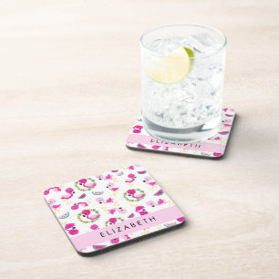 Tropical Pattern, Flamingos, Flowers, Your Name Coaster