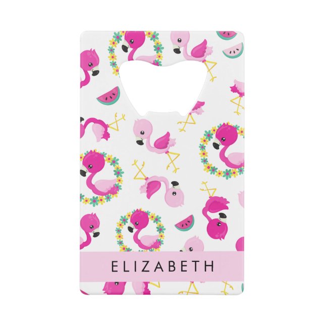 Tropical Pattern, Flamingos, Flowers, Your Name Credit Card Bottle Opener (Front)