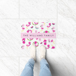 Tropical Pattern, Flamingos, Flowers, Your Name Doormat