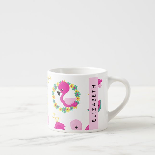 Tropical Pattern, Flamingos, Flowers, Your Name Espresso Cup (Right)