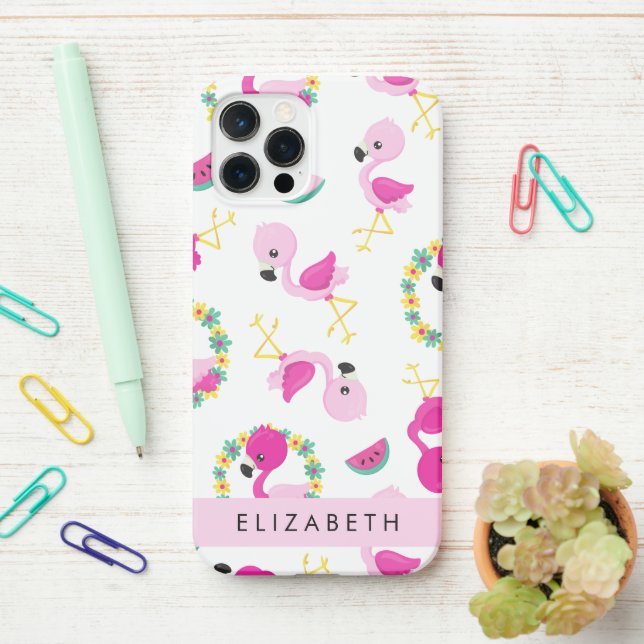 Tropical Pattern, Flamingos, Flowers, Your Name iPhone Case (On Desk)