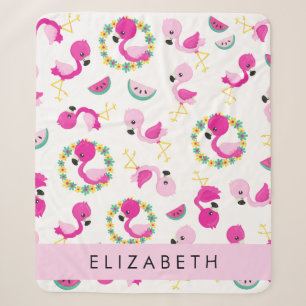 Tropical Pattern, Flamingos, Flowers, Your Name Sherpa Blanket