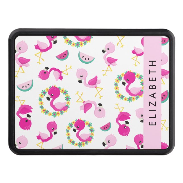 Tropical Pattern, Flamingos, Flowers, Your Name Trailer Hitch Cover (Front)