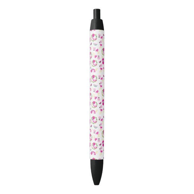 Tropical Pattern, Flamingos, Watermelons, Flowers Black Ink Pen (Front Vertical)