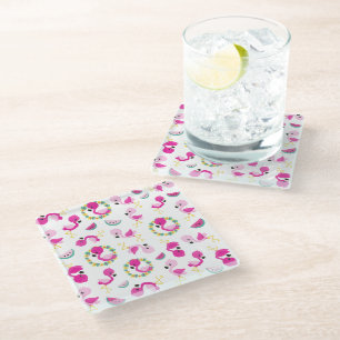 Tropical Pattern, Flamingos, Watermelons, Flowers Glass Coaster
