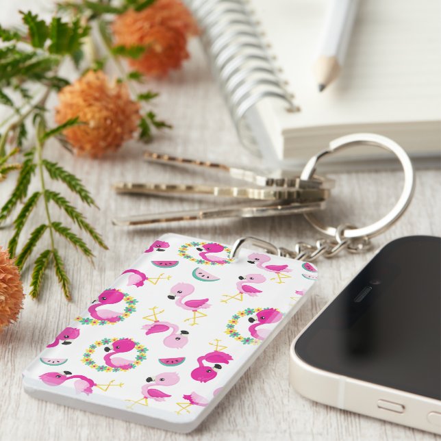 Tropical Pattern, Flamingos, Watermelons, Flowers Keychain (Front Right)