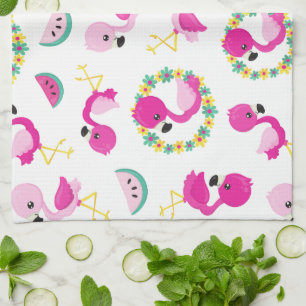 Tropical Pattern, Flamingos, Watermelons, Flowers Kitchen Towel