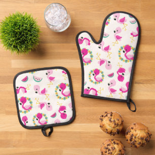Tropical Pattern, Flamingos, Watermelons, Flowers Oven Mitt & Pot Holder Set