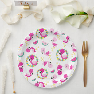 Tropical Pattern, Flamingos, Watermelons, Flowers Paper Plate