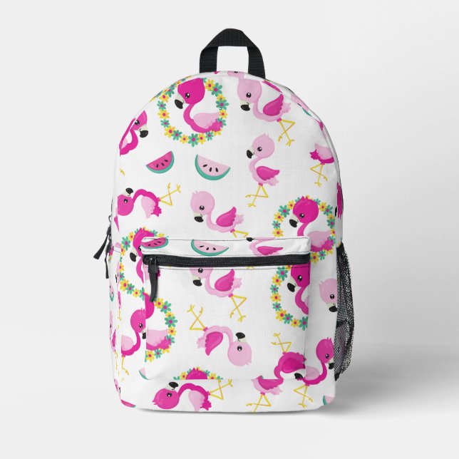 Tropical Pattern, Flamingos, Watermelons, Flowers Printed Backpack (Front)