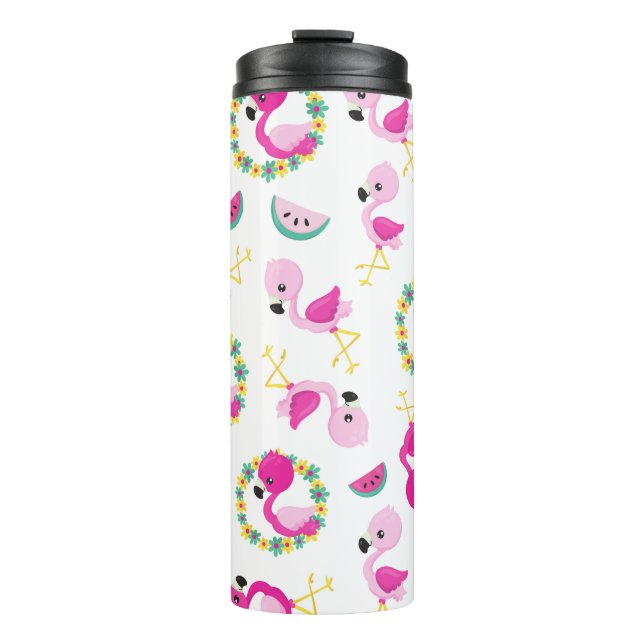 Tropical Pattern, Flamingos, Watermelons, Flowers Thermal Tumbler (Front)