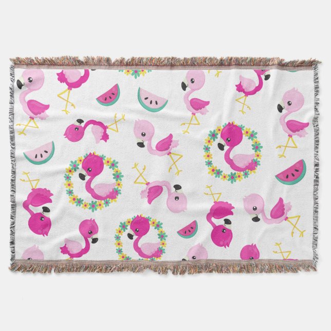 Tropical Pattern, Flamingos, Watermelons, Flowers Throw Blanket (Front)