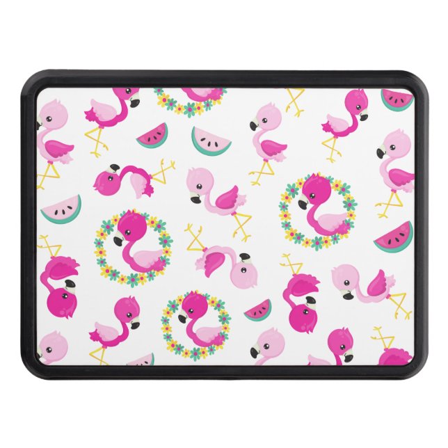 Tropical Pattern, Flamingos, Watermelons, Flowers Trailer Hitch Cover (Front)
