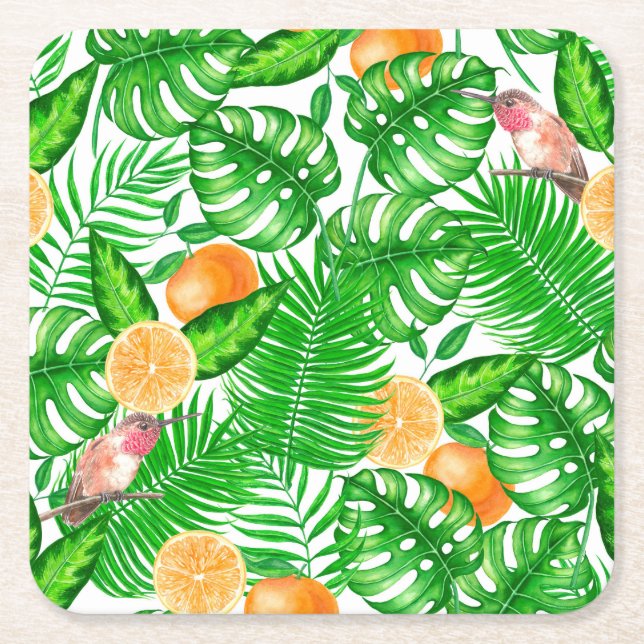 Tropical pattern, hummingbirds II Square Paper Coaster (Front)