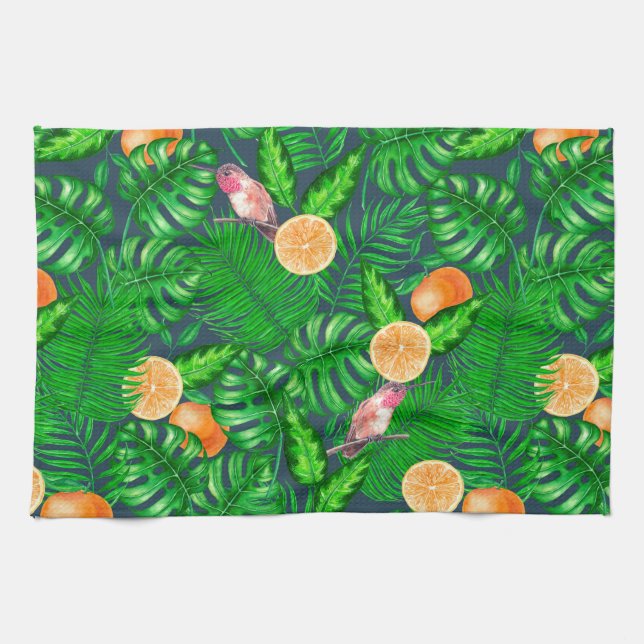 Tropical pattern, hummingbirds kitchen towel (Horizontal)