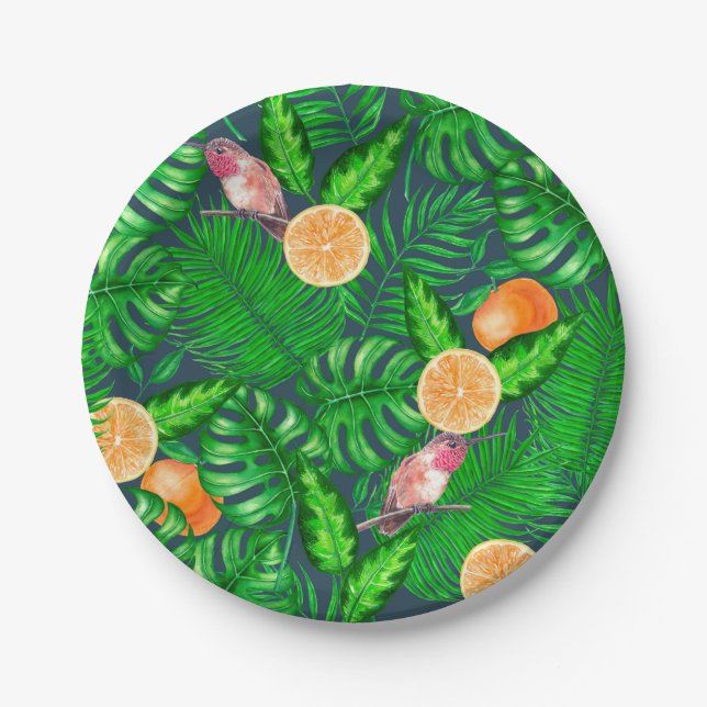 Tropical pattern, hummingbirds paper plate (Front)