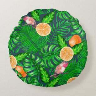 Tropical pattern, hummingbirds round pillow