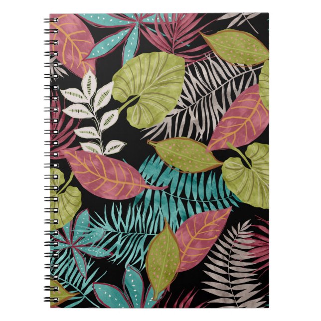 Tropical pattern made with dark background and lea notebook (Front)