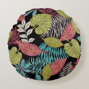 Tropical pattern made with dark background and lea round pillow