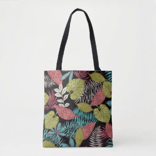 Tropical pattern made with dark background and lea tote bag