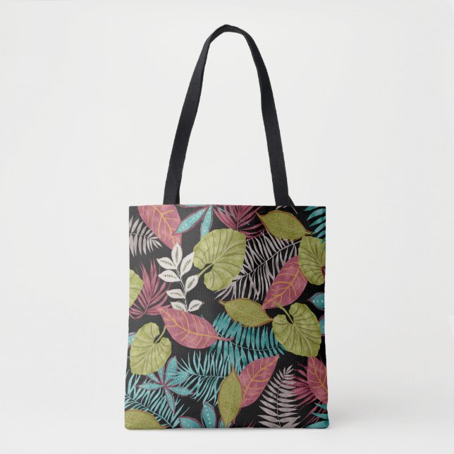 Tropical pattern made with dark background and lea tote bag (Front)