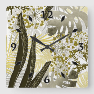 Tropical pattern monstera palm leaves exotic round square wall clock