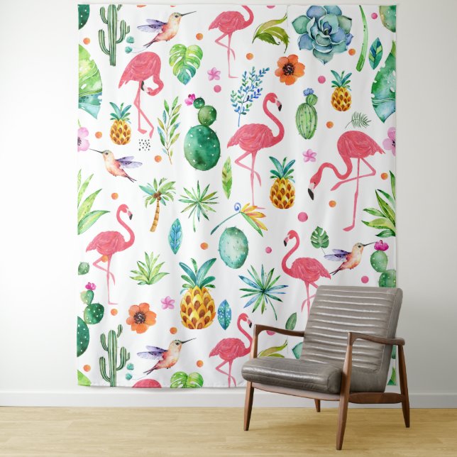Tropical Pattern Pink Flamingos & Flowers Tapestry (In Situ)