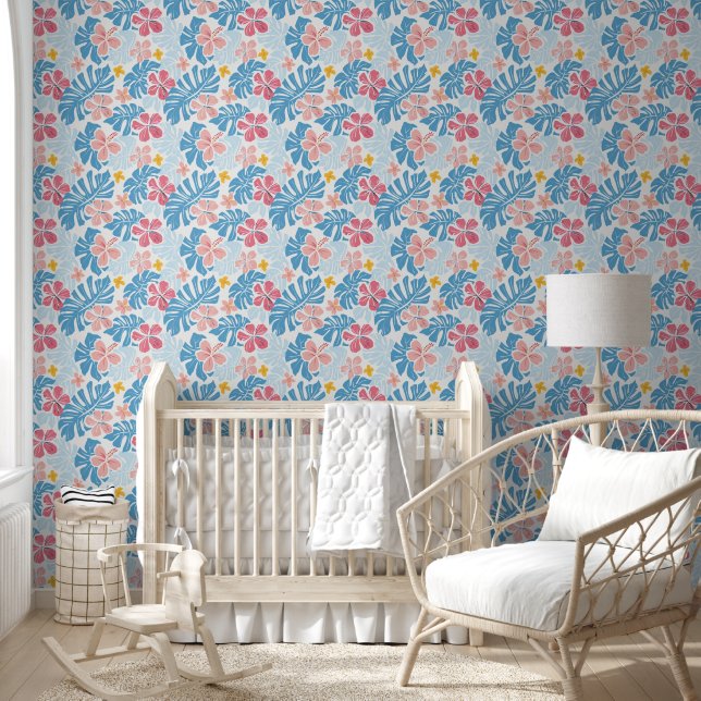 Tropical Pattern Pink Red Yellow Hibiscus Leaves Wallpaper (Kids)