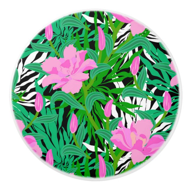 Tropical Pattern With Jungle Flowers Ceramic Knob (Front)