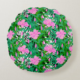 Tropical Pattern With Jungle Flowers Round Pillow