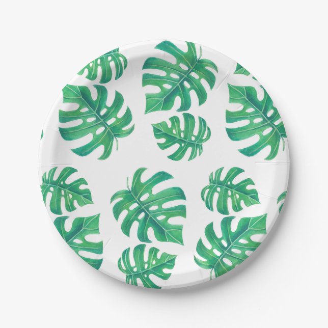 Tropical pattern with monstera leaves paper plate (Front)