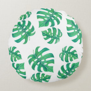 Tropical pattern with monstera leaves round pillow