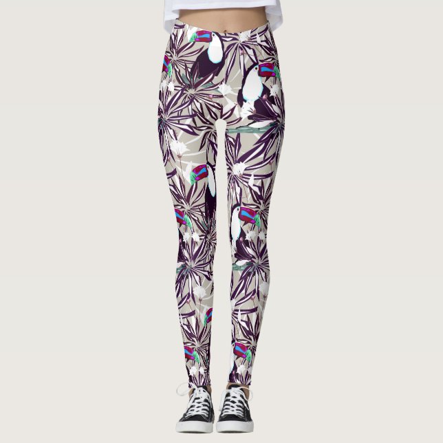 Tropical pattern with palm trees and birds. leggings (Front)