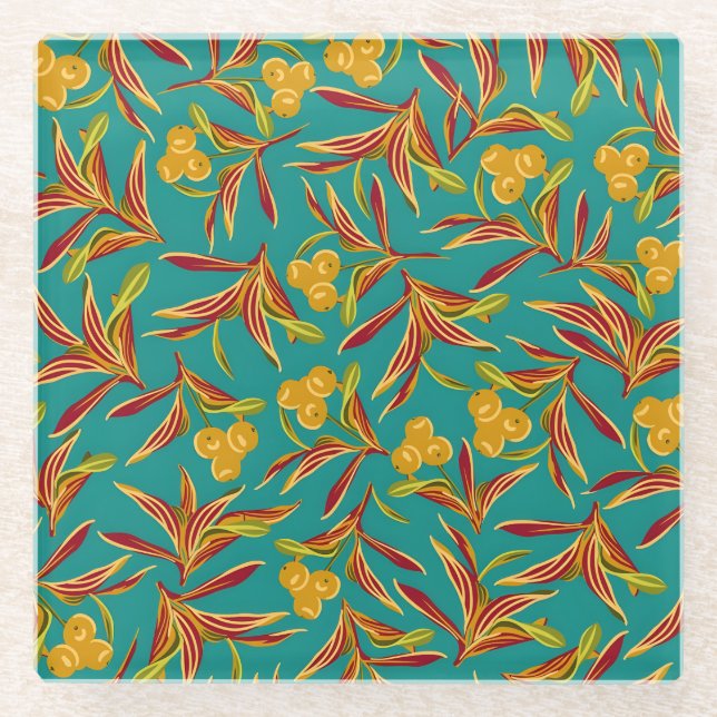 Tropical Pattern with Red and Yellow Leaves Glass Coaster (Front)