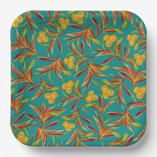 Tropical Pattern with Red and Yellow Leaves Paper Plate