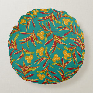 Tropical Pattern with Red and Yellow Leaves Round Pillow