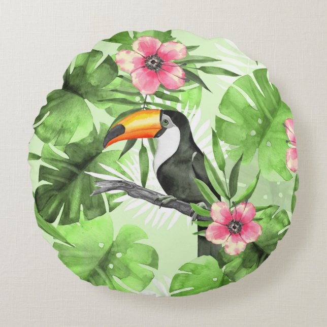 Tropical pattern with toucan round pillow (Front)
